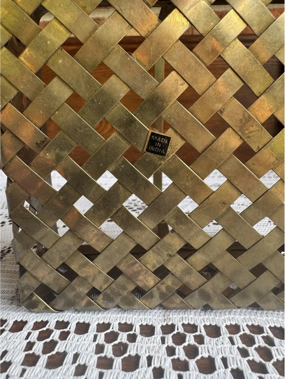Vintage Handmade Brass Woven Basket with Handle